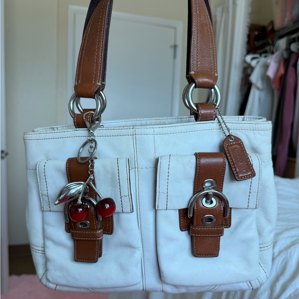 Coach SoHo White and Brown Leather Tote with Cherry Charm olive green inside